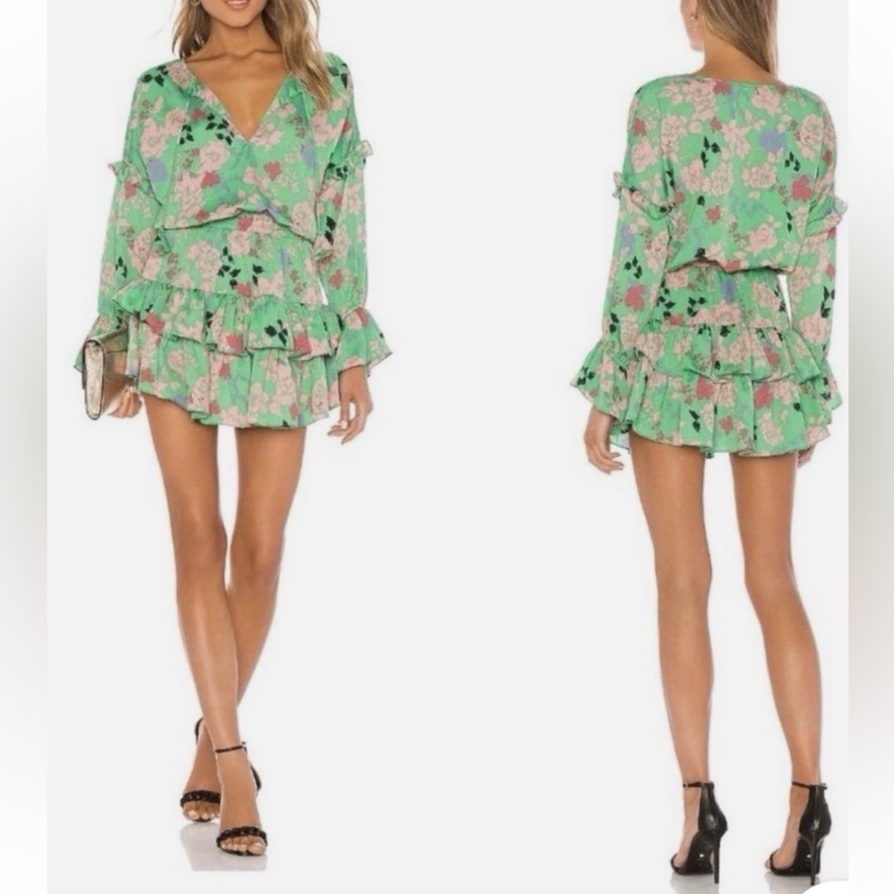 Misa Los Angeles Green Floral Tiered Ruffle Dress with Pink & Black Accents